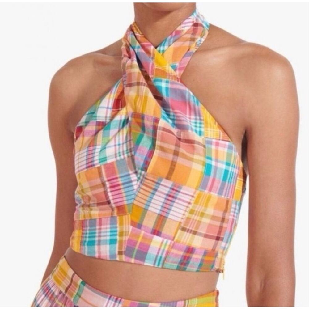 STAUD Kai Patchwork Cotton Halter Wrap Crop Top 2